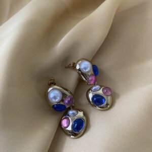 Multi-Stone Pearl Drop Earring(Oval multi-stone နားကပ်)