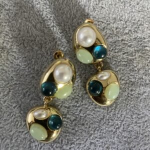 Alternative view of Multi-Stone Pearl Drop Earring(Oval multi-stone နားကပ်)