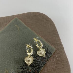 Gold Heart Flower Charm Earring with Pearl(ရွှေရောင်အသဲ ပုလဲပန်းတွဲနားကပ်)